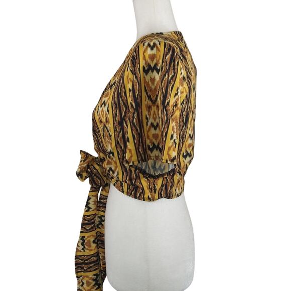 W Southwest Aztec Western Yellow Brown Front Tie CropTop Shirt NWT S Wrap VNeck - Picture 4 of 8